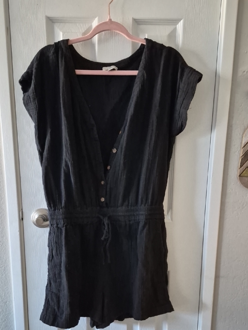 LOFT Black V-Neck Button-Front Short Sleeve Romper